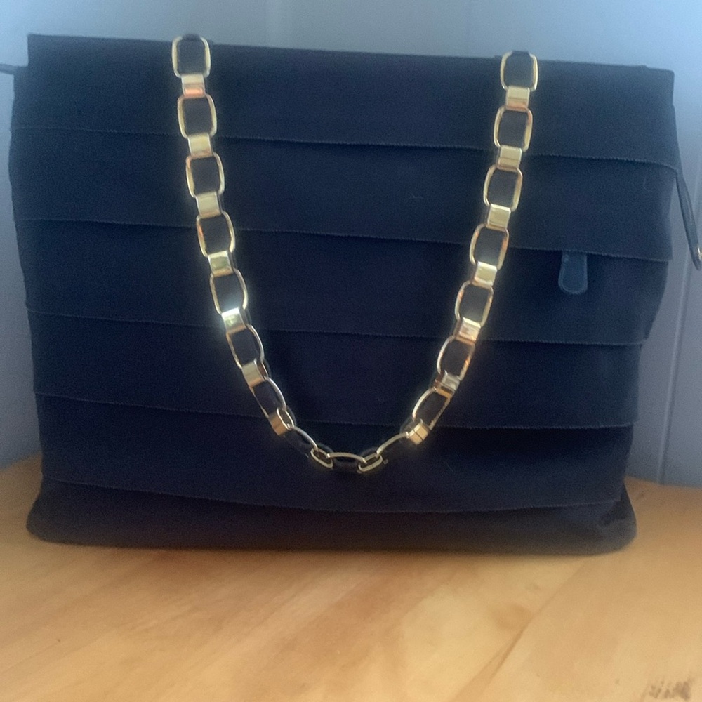 Vintage SALVATORE FERRAGAMO brown Grosgrain Tiered Chain Link leather trim tote - Picture 3 of 16